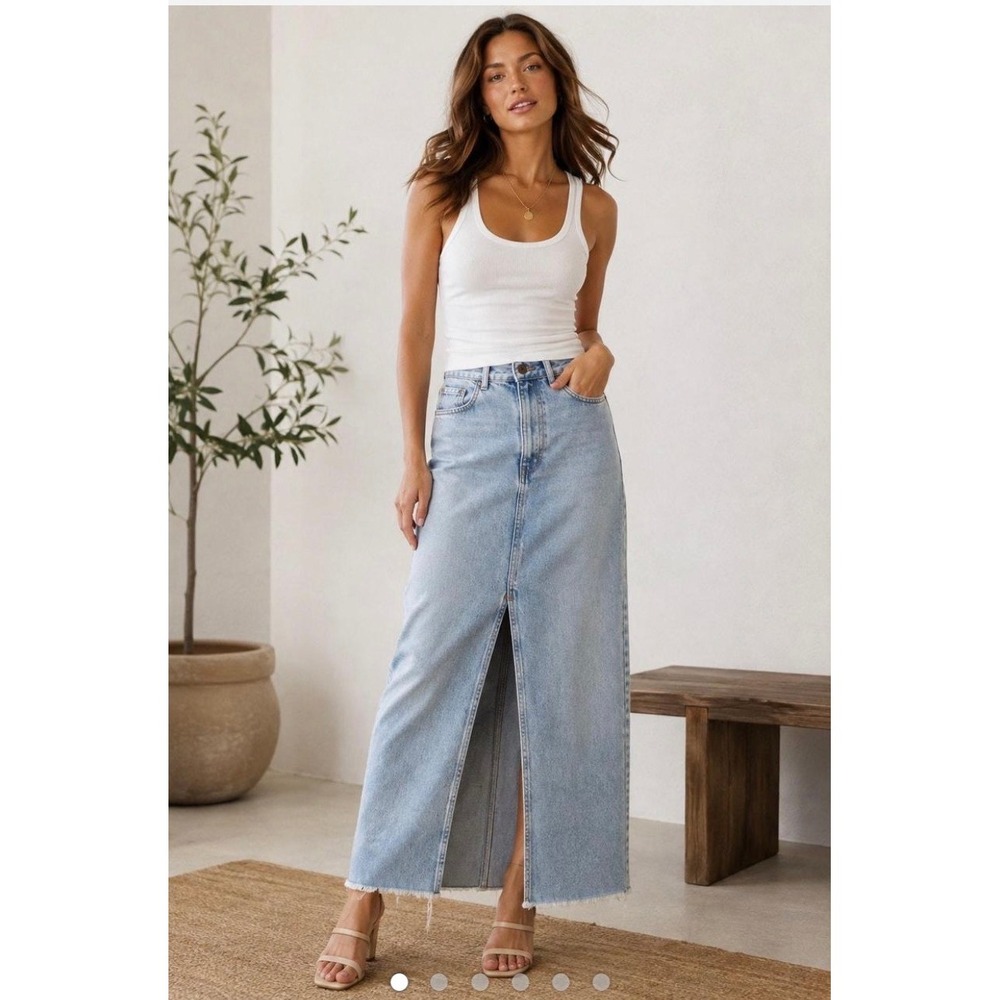 Pilcro and the Letterpress Denim Maxi Skirt Light Wash Front Slit Raw Hem 6P